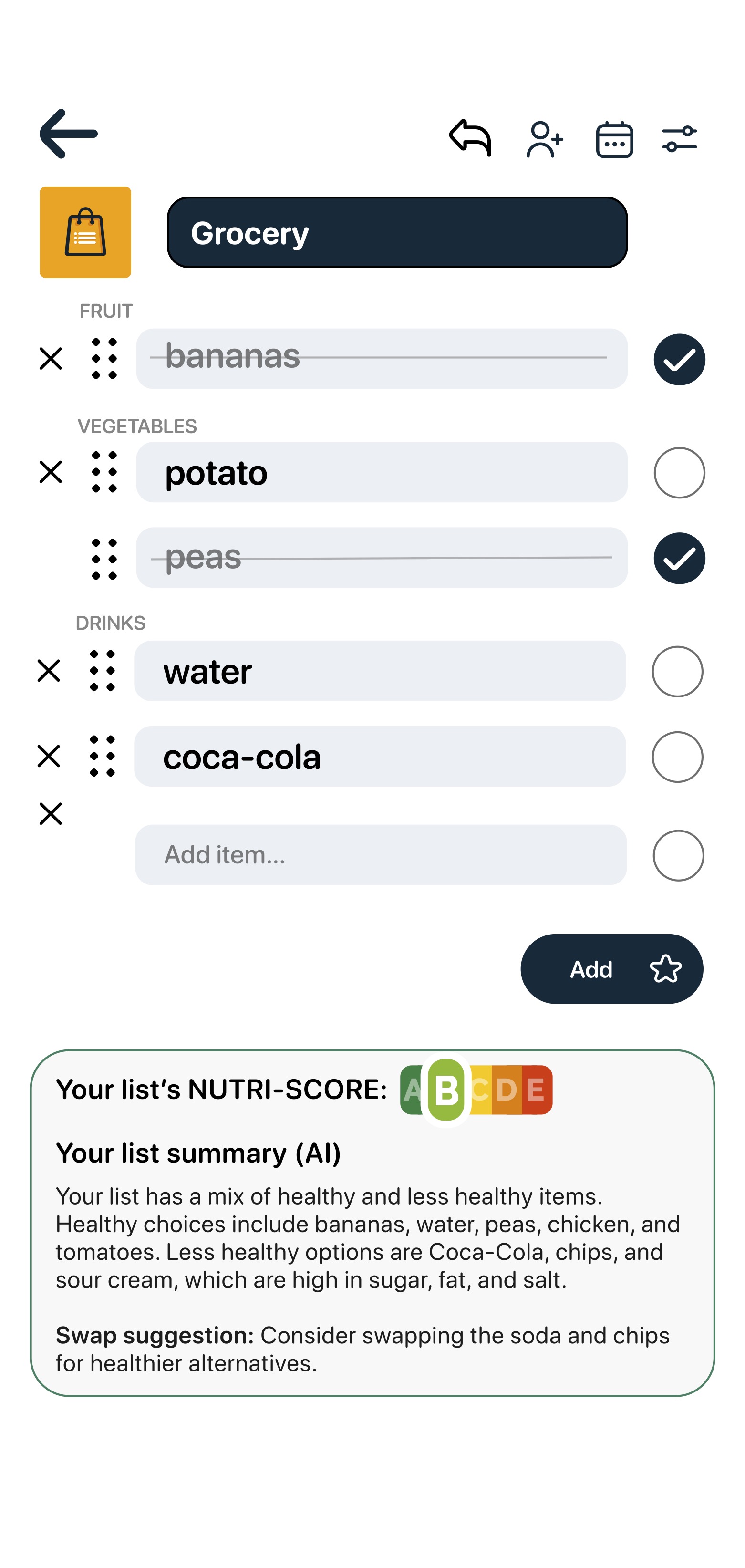 Listek grocery list with Nutri-Score and AI-generated list summary.