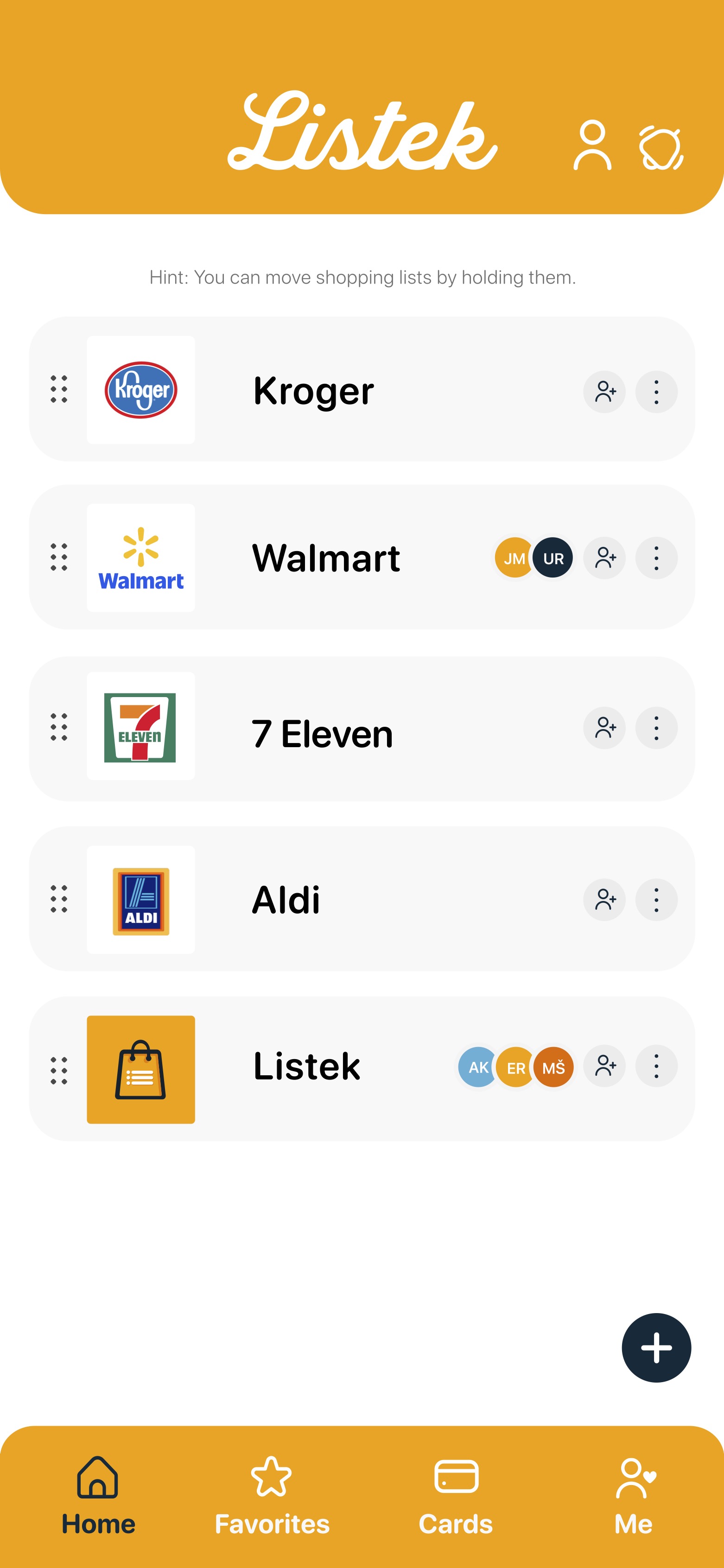 Listek home screen with separate shopping lists for different stores.